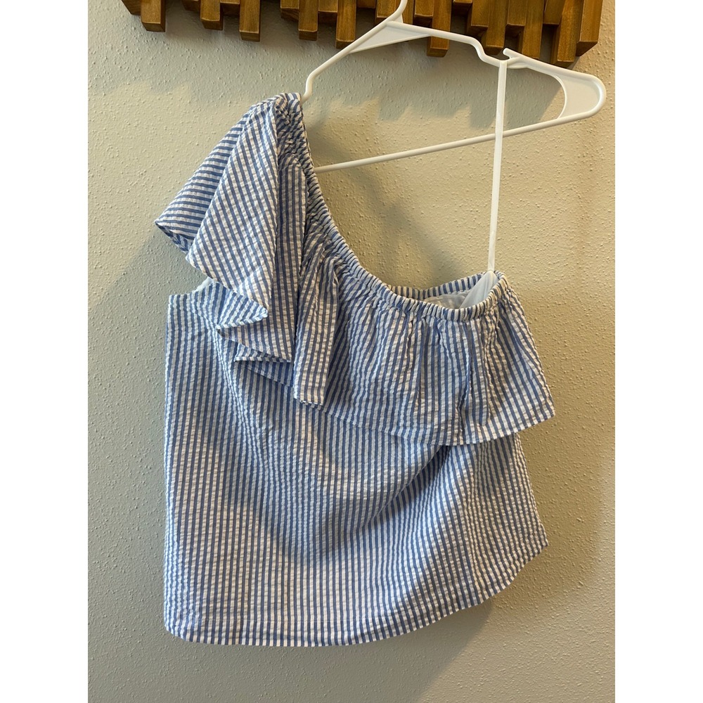 Vineyard Vines One Shoulder Ruffle Seersucker Striped Top Size 2 Blue White‎